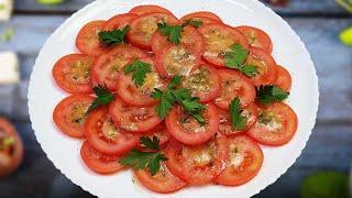 Просто ПОМИДОРЫ а Рецепт захочет каждый кто попробует. 5 минут и все готово.