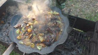 Охотничья кухня. Рецепт приготовления дикой утки с овощами на костре. Второе блюдо.