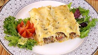 Макароны Каннеллони с фаршем и овощами в сливках, запеченные в духовке! Блюдо итальянской кухни