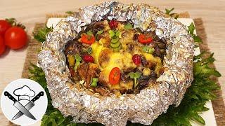 Оригинальное и вкусное блюдо - Мясо запеченное с грибами и овощами в мешочках из фольги